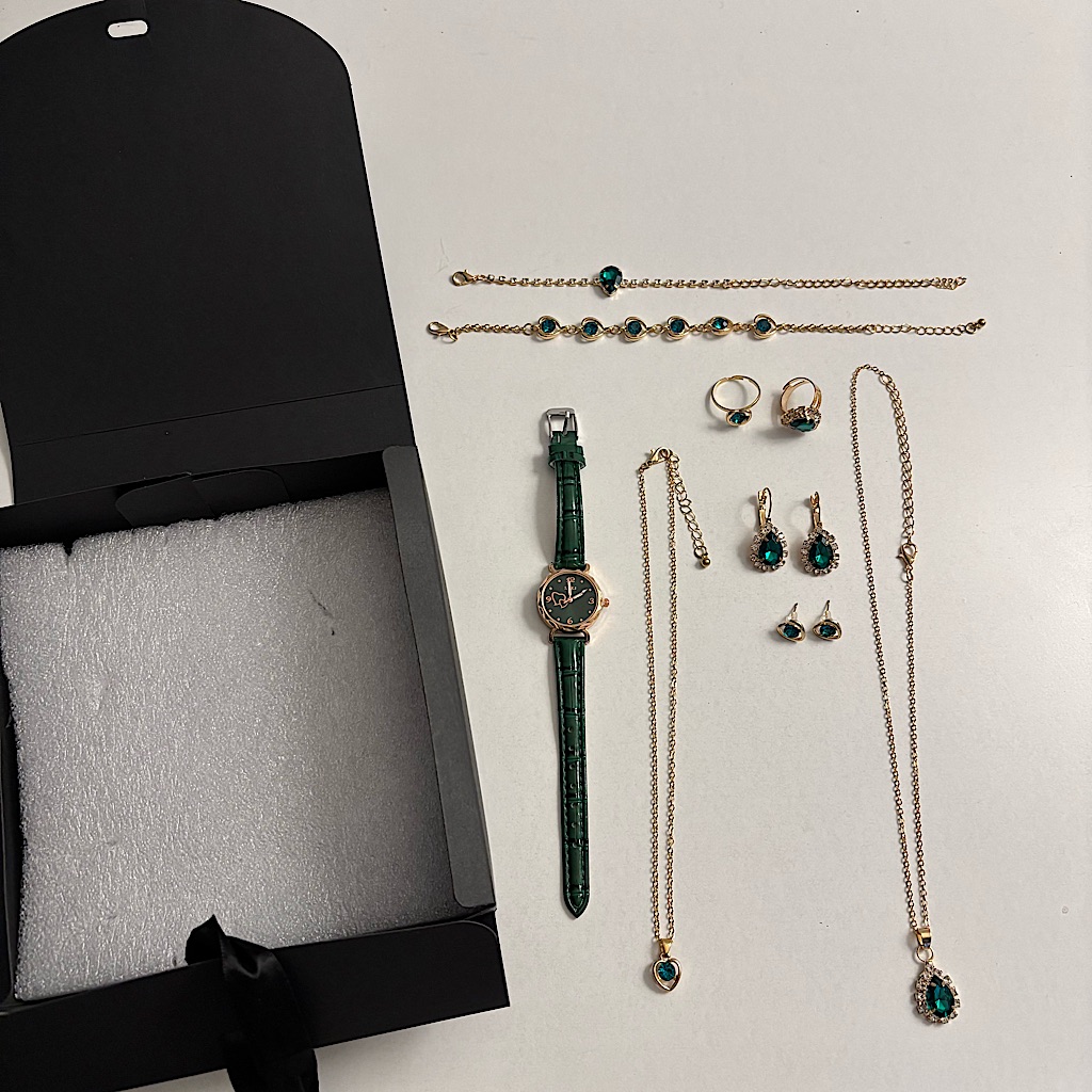 Green And Gold Jewelry And Watch Gift Set With Box Green And Gold Jewelry And Watch Gift Set With Box